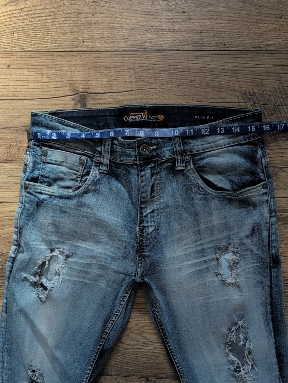Copper Rivet Slim Fit Jeans, Distressed, Light Wash Blue Denim, Men's 32x32